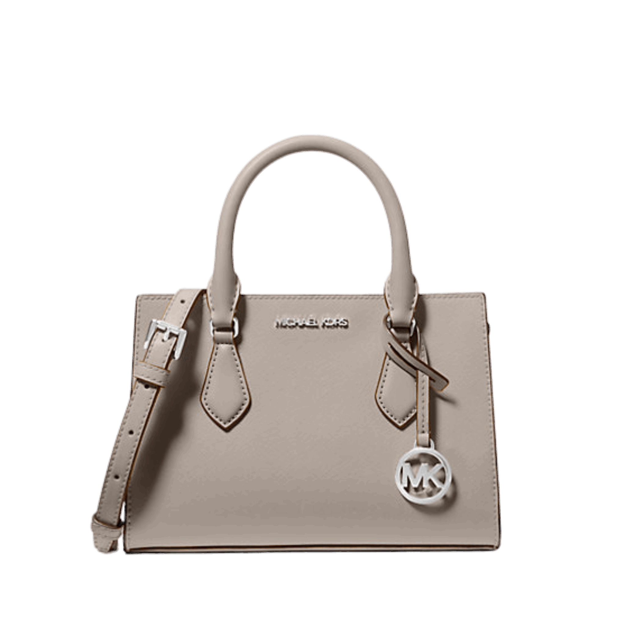 Beige handbag with a visible brand logo on a white background