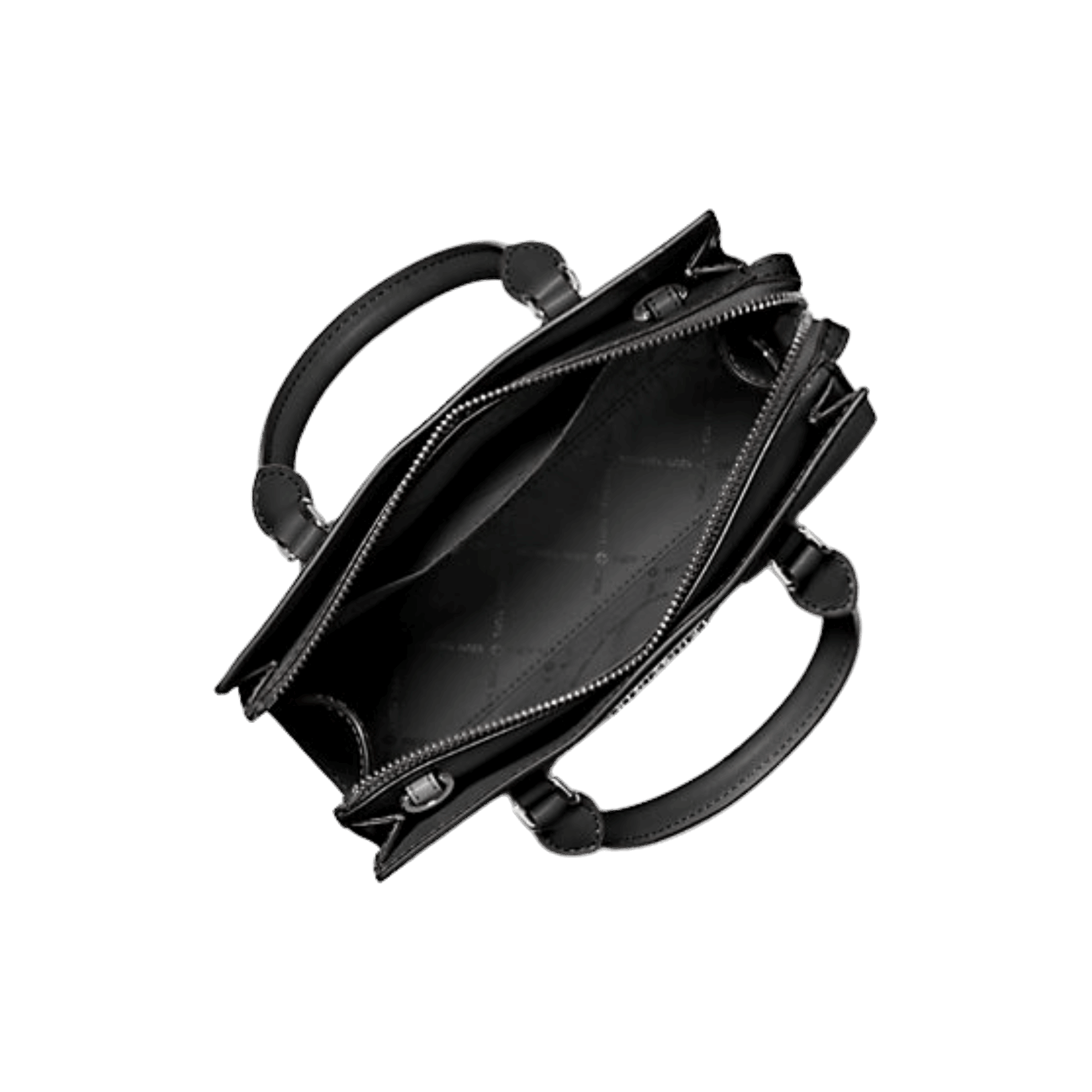 Black leather handbag with multiple handles on a white background