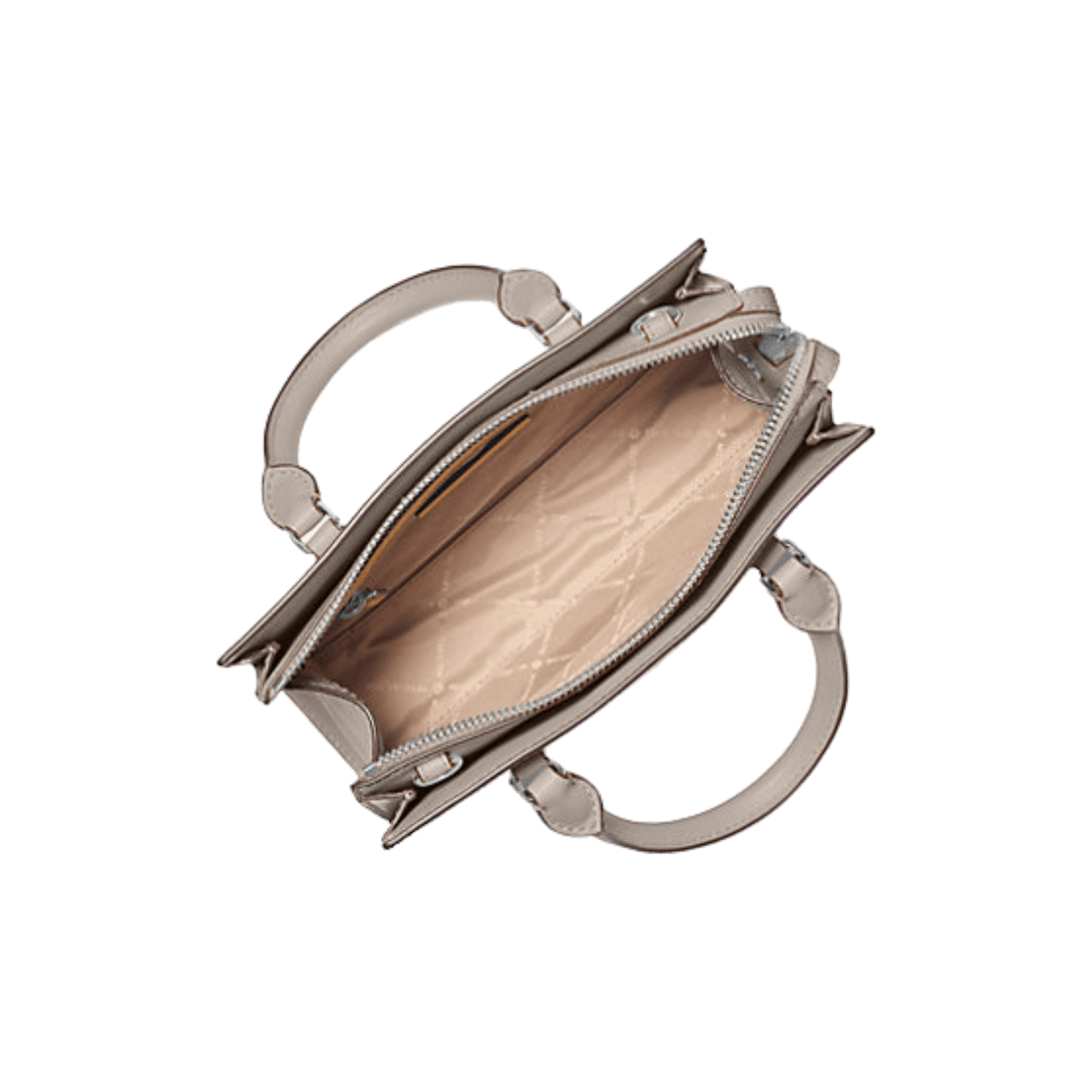 Open beige handbag with visible interior on a white background