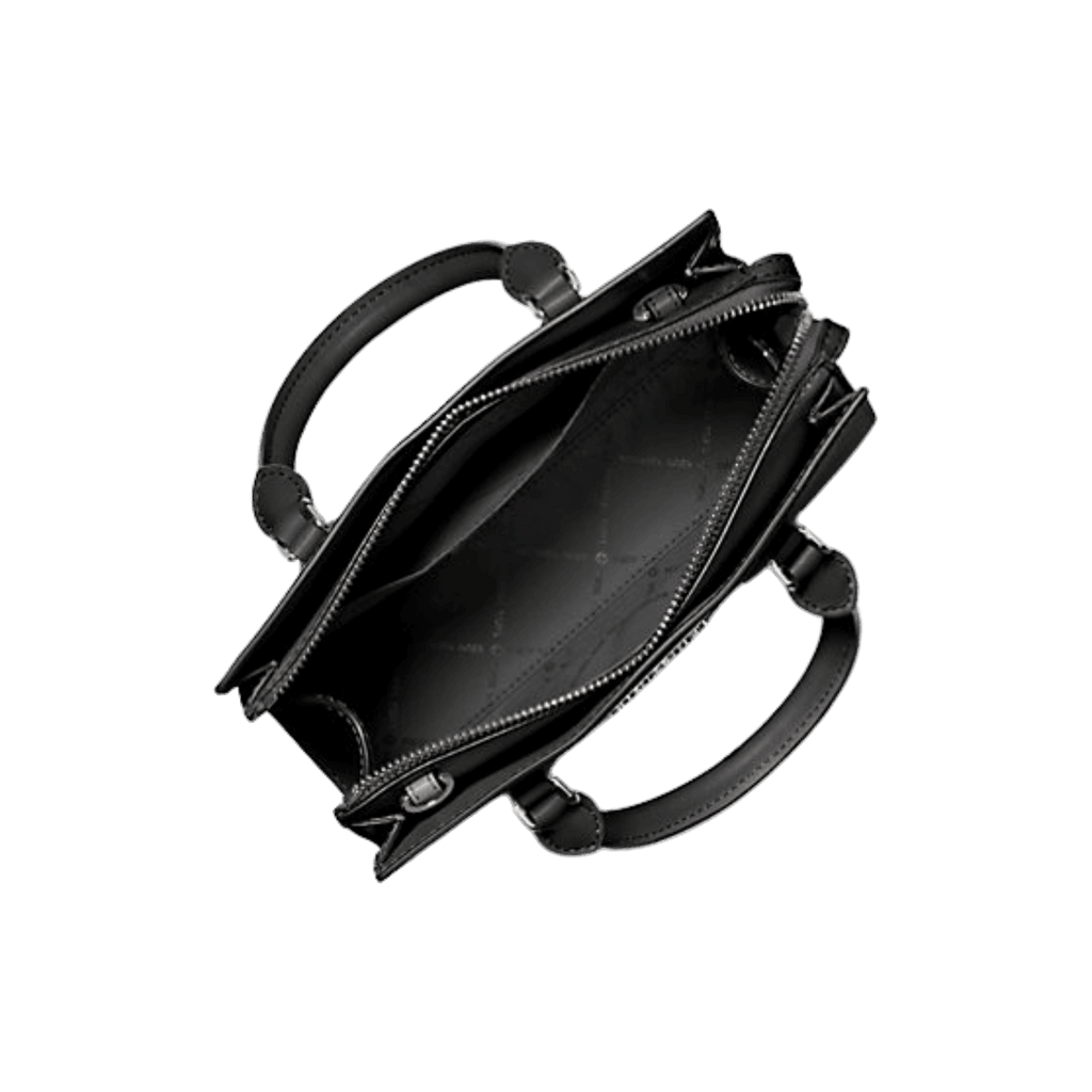 Black leather handbag with multiple handles on a white background